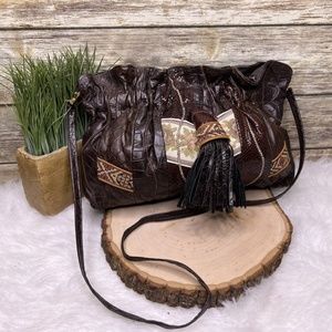 Vntg Brown Croc Embossed Leather Tassel Accent Purse Shoulder Bag Crossbody